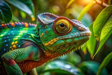 Fototapeta premium Aerial View of a Colorful Chameleon Camouflaging on a Branch in Lush Green Jungle Setting