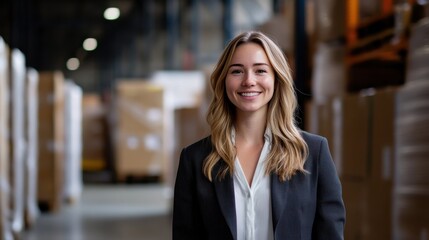 Fototapeta premium Confident Businesswoman Smiling in Warehouse Environment with Boxes