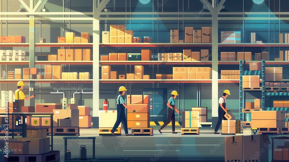 Poster warehouse workers are moving pallets and boxes among shelves stocked with various products, showcasi