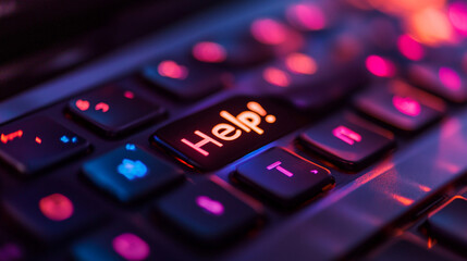 Illuminated keyboard key captures the urgent call for help in a darkened workspace
