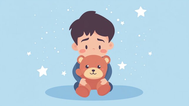 A sad boy cuddling a teddy bear with a dreamy starry background.