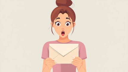A surprised woman holding an envelope, expressing shock and excitement in a light, pastel background.