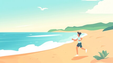 A woman jogging on the beach under a clear sky, promoting health and fitness in a serene coastal environment.