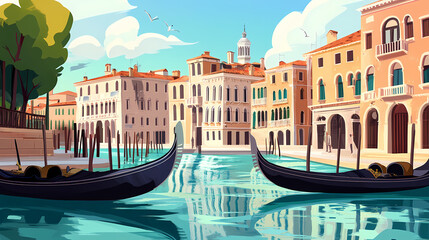 Picturesque view of venice canal with gondolas and traditional buildings. Venetian Canal. Illustration © Thiago