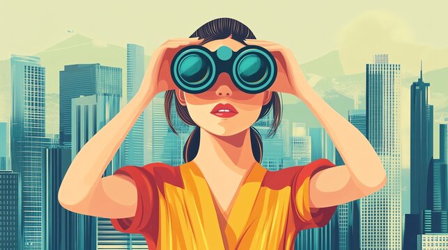 A woman using binoculars against a city skyline, depicting curiosity and exploration.