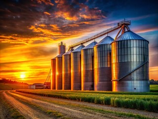 Obraz premium Agricultural Silo at Dusk - Low Light Photography Showcasing Grain Storage and Drying of Wheat, Corn, Soy, and