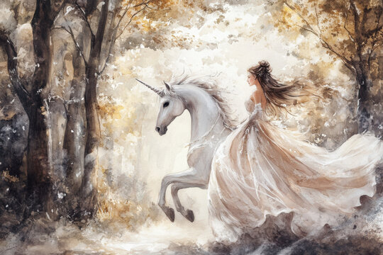 A mystical scene featuring a woman in a flowing dress riding a unicorn through a serene, enchanted forest with soft, golden light.