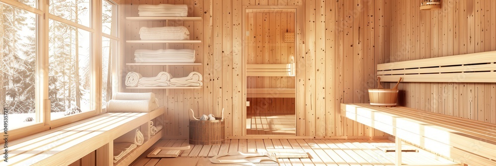 Poster Warm sunlight filters through large windows in a traditional wooden sauna, creating a serene atmosphere with benches and towels nearby. Generative AI