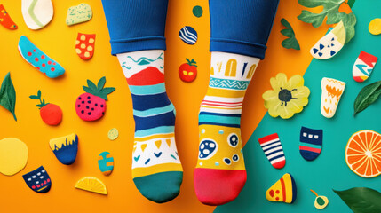 Colorful socks surrounded by playful fruit and vegetable shapes on vibrant backgrounds create a cheerful, whimsical atmosphere.
