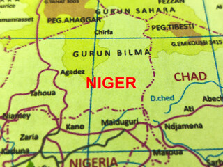 Close-up photo of the country NIGER with its surrounding major cities on a world map
