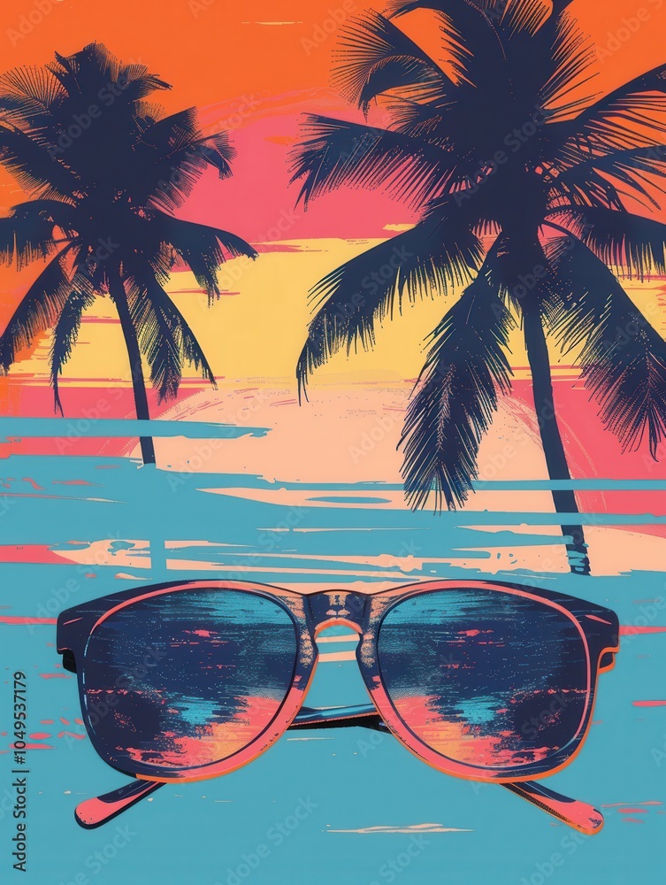 Poster Sunglasses rest in the foreground while a stunning sunset illuminates the beach and palm trees, creating a vibrant atmosphere. Generative AI