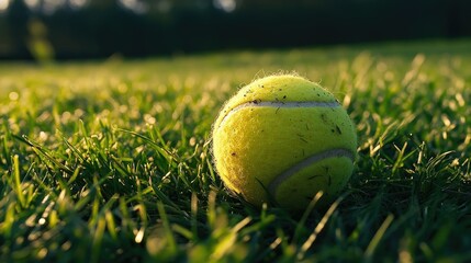 A bright yellow tennis ball lying in the middle of a grassy field, with the rich green hues of the grass providing a stark contrast.