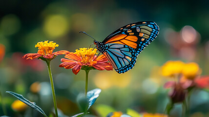 Obraz premium Close-up of a butterfly resting on a vibrant flower, soft blurred green background with plenty of room for copy space.