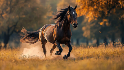 Close-up of a horse galloping through an open field, dust kicking up in the air with a wide open background for text.