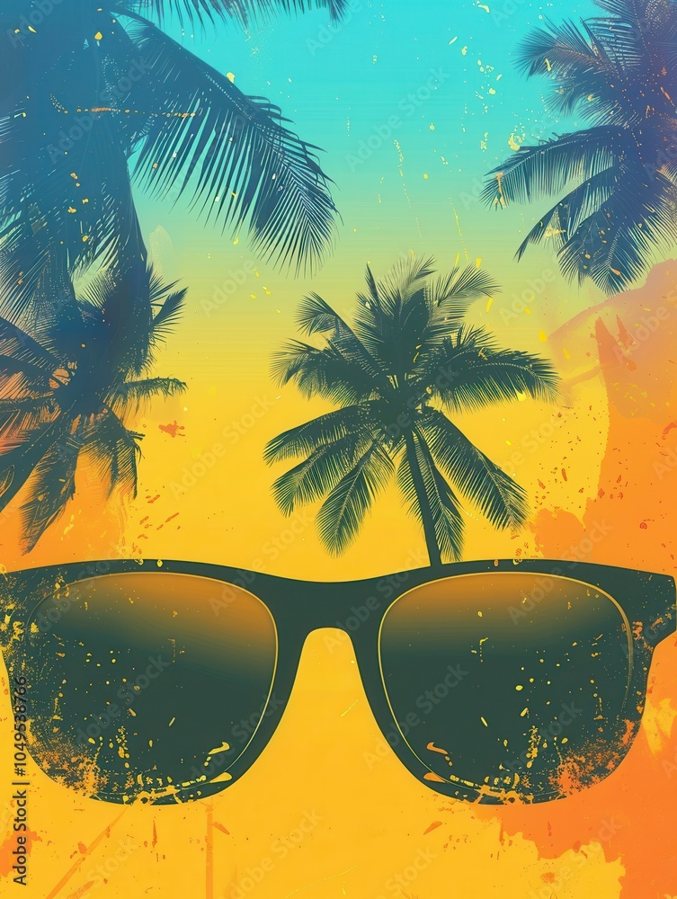 Poster a vibrant beach backdrop features a silhouette of sunglasses framed by palm trees during sunset, cre