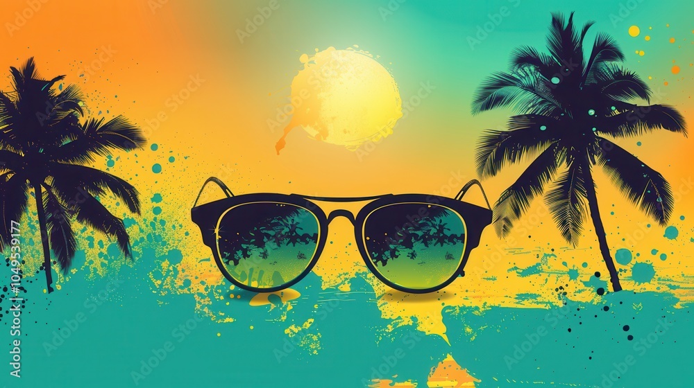Poster silhouetted sunglasses rest against a colorful beach backdrop as palm trees sway, evoking a relaxing