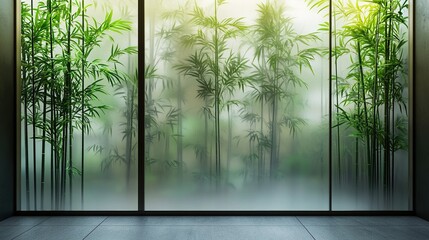 tropical bamboo trees behind the frosted glass in the fog with backlighting. decoration of green plants premises