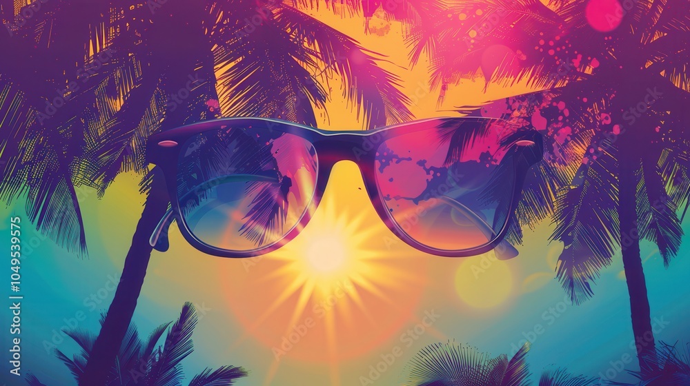 Aufkleber sunglasses cast a playful silhouette against a colorful beach sunset with palm trees framing the vie