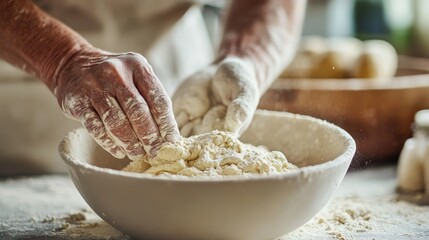 Fototapeta premium 2410_018.artisanal dough preparation, flour-dusted fingers blending ingredients, matte white bowl, neutral tones, culinary process shot, shallow depth of field