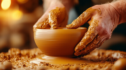 A potter carefully molds wet clay into a bowl on a spinning wheel in a creative workshop setting