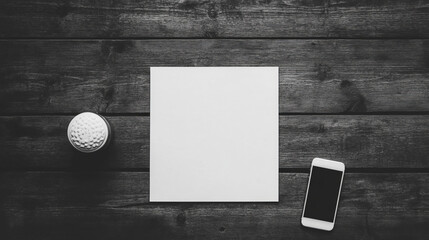Monochromatic Mockup: Blank Paper, Smartphone, and Diffuser on Rustic Wood 