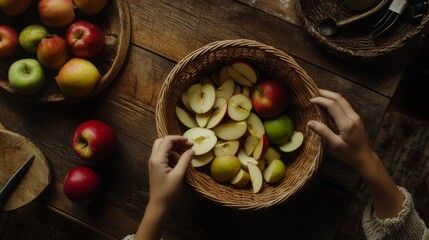 2410_005.homestyle baking scene, hands slicing crisp apple, wicker basket overflowing with red and green apples, wooden table texture, scattered apple slices, baking tools, cozy kitchen atmosphere,