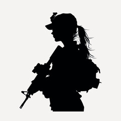 Silhouette armed woman military profile