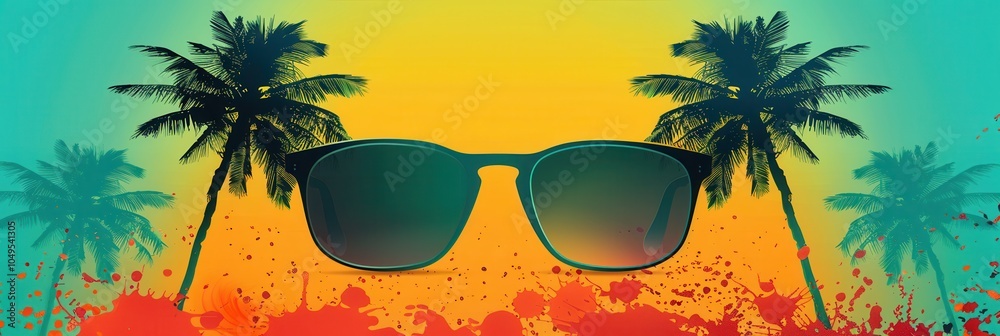 Poster bright silhouettes of sunglasses set against a colorful beach scene with palm trees and a stunning s