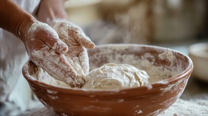 Fototapeta premium 2410_020.intimate view of dough-making process, flour-covered palm in ceramic mixing bowl, subtle textures, diffused light, monochromatic baking imagery, emphasis on craftsmanship
