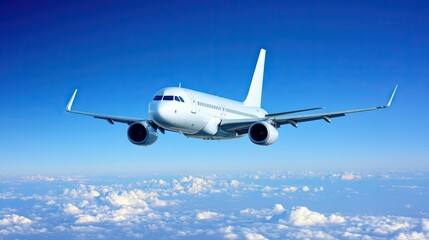 Obraz premium A jetliner soaring through a clear sky, with its engines humming and the vast blue horizon stretching endlessly ahead.