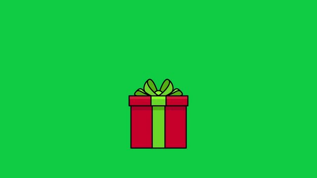 Animated Red Gift Box with Green Ribbon on Green Sreen Background. Christmas, Birthday, Anniversary, 4K, Alpha Channel