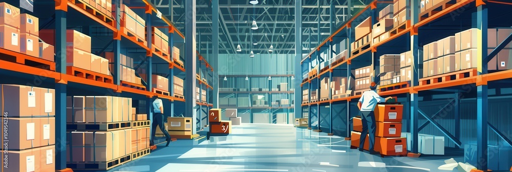 Poster Workers are moving and sorting boxes and pallets in a bustling warehouse filled with shelves of various goods. Generative AI