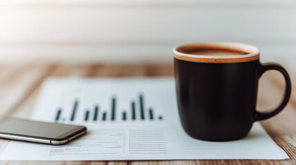 Coffee Break with Data: A black coffee mug rests beside a smartphone and a sheet of paper displaying a bar graph.  The soft, natural light creates a warm and inviting atmosphere.