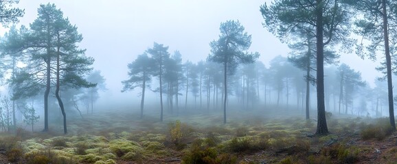 Obraz premium Foggy forest landscape, panoramic view of misty green pine trees in nature