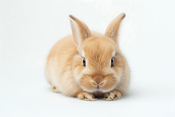 Obraz premium A brown rabbit sitting on top of a white floor. Suitable for various uses, cute brown bunny rabbit isolated on white background animal photography, Capturing the Tranquil Essence of Dusk. 