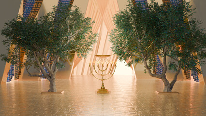 Depiction of Zechariah's vision, golden lampstand or menorah and two olive trees. Bible religious illustration 3d rendering.