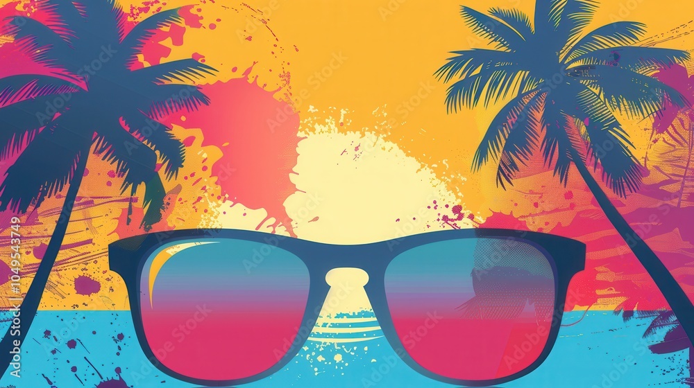 Aufkleber a pair of sunglasses stands out against a vibrant beach background featuring palm trees and a colorf