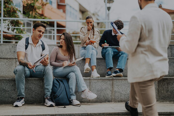 Fototapeta premium A diverse group of college students collaborate on outdoor steps, engaging with each other and receiving guidance from their professor. Casual attire fosters a relaxed learning environment, promoting
