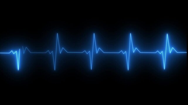 Heart beat pulse. Glowing neon blue heart cardiogram line on dark background. neon line heartbeat rate and pulse on black screen. neon blue heartbeat pulse on a deep black background,