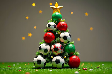 Fototapeta premium Creative Christmas tree made of colorful soccer balls on a green background during the winter holidays