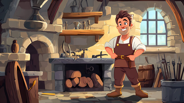 Smiling cartoon blacksmith in workshop with tools. Medieval Blacksmith. Illustration