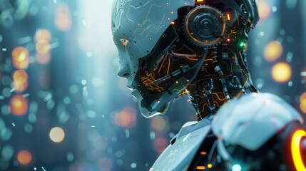 Fototapeta premium Futuristic robot with ai glowing circuits and gears and automation, AI generated image