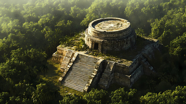 The ancient mayan observatory at chichen itza, meticulously aligned with astronomical phenomena, surrounded by the dense jungle,. Mayan Observatory. Illustration