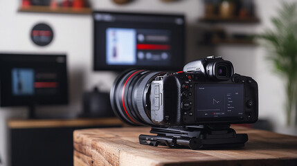A professional camera set up on a wooden table for content creation in a modern workspace
