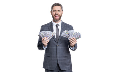 Businessman dealing with money. Millionaire business man with money isolated on white. Rich and successful businessman. Millionaire lifestyle. Business success of millionaire. Investment deal