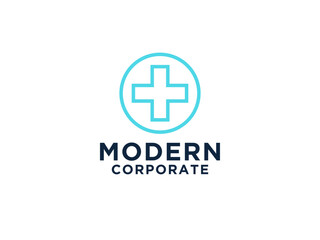 Obraz premium Cross Sign in Blue Circle Medical Logo Health Icon. Flat Vector Logo Design
