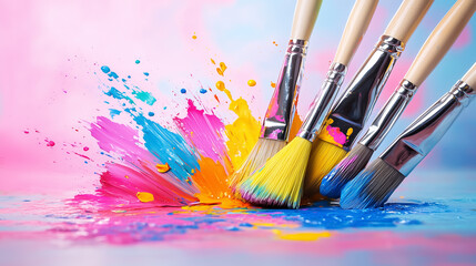 Obraz premium A collection of artist's brushes rests in vibrant paint splatters, showcasing a burst of color and creativity