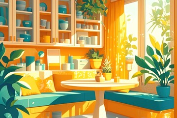 Obraz premium Cozy Yellow Kitchen Illustration with Plants and Sunlight