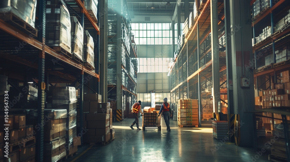 Aufkleber Two workers are moving boxes and pallets in an active warehouse, surrounded by shelves brimming with various goods. Generative AI