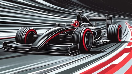 Black racing car zooming down Formula One track, high-speed motion with sharp turns for a thrilling view